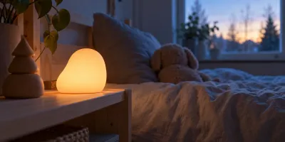 Illustration, ingen bestämd modell: en liten rundad nattlampa utan ansikte lyser varmt orange på en hylla bredvid en barnsäng med ett gosedjur, i ett barnrum där det skymmer blått utanför fönstret.
