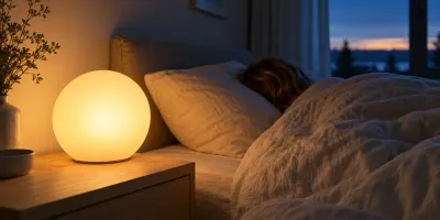 Illustration, ingen bestämd modell: en rund lampa utan märke lyser varmt gult på ett nattduksbord bredvid en person som sover under ett linnetäcke, medan himlen utanför fönstret ljusnar.
