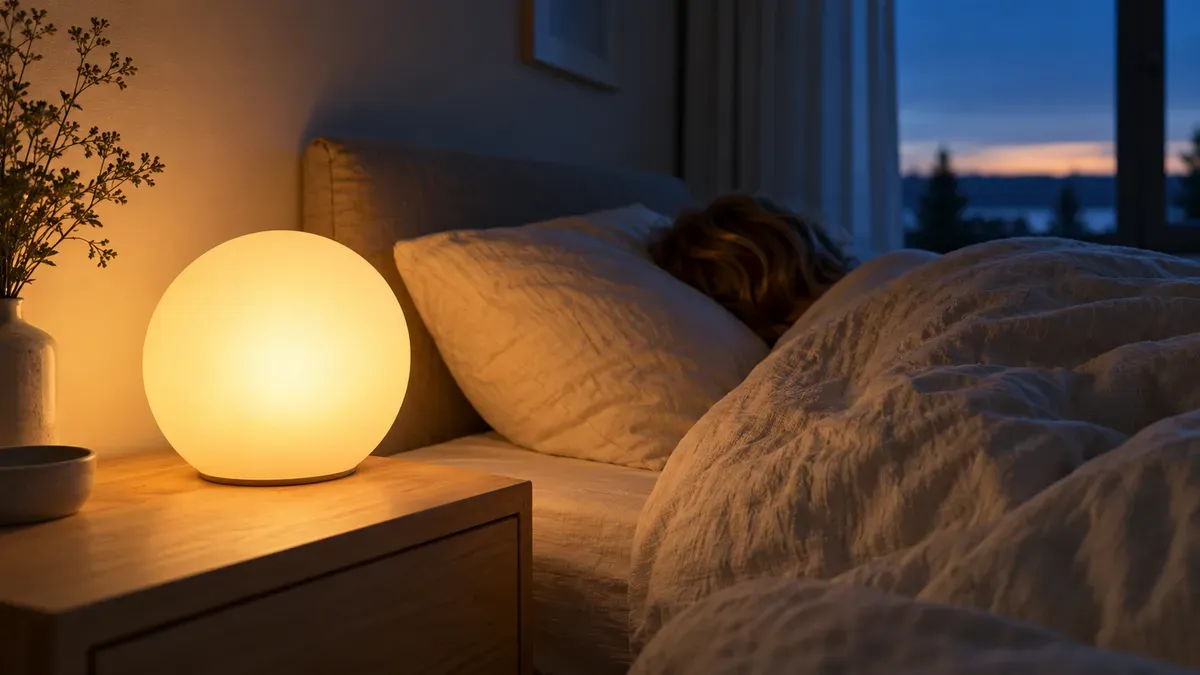 Illustration, ingen bestämd modell: en rund lampa utan märke lyser varmt gult på ett nattduksbord bredvid en person som sover under ett linnetäcke, medan himlen utanför fönstret ljusnar.